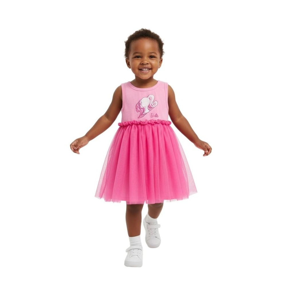 BARBIE Dress Girls Size 2T Pink Sleeveless Ruffled Tulle Skirt Playful Iconic